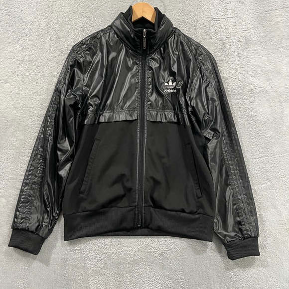 Adidas Originals Track Jacket Womens L Full‎ Zip Black Grunge Y2K Retro Hood - Picture 1 of 13